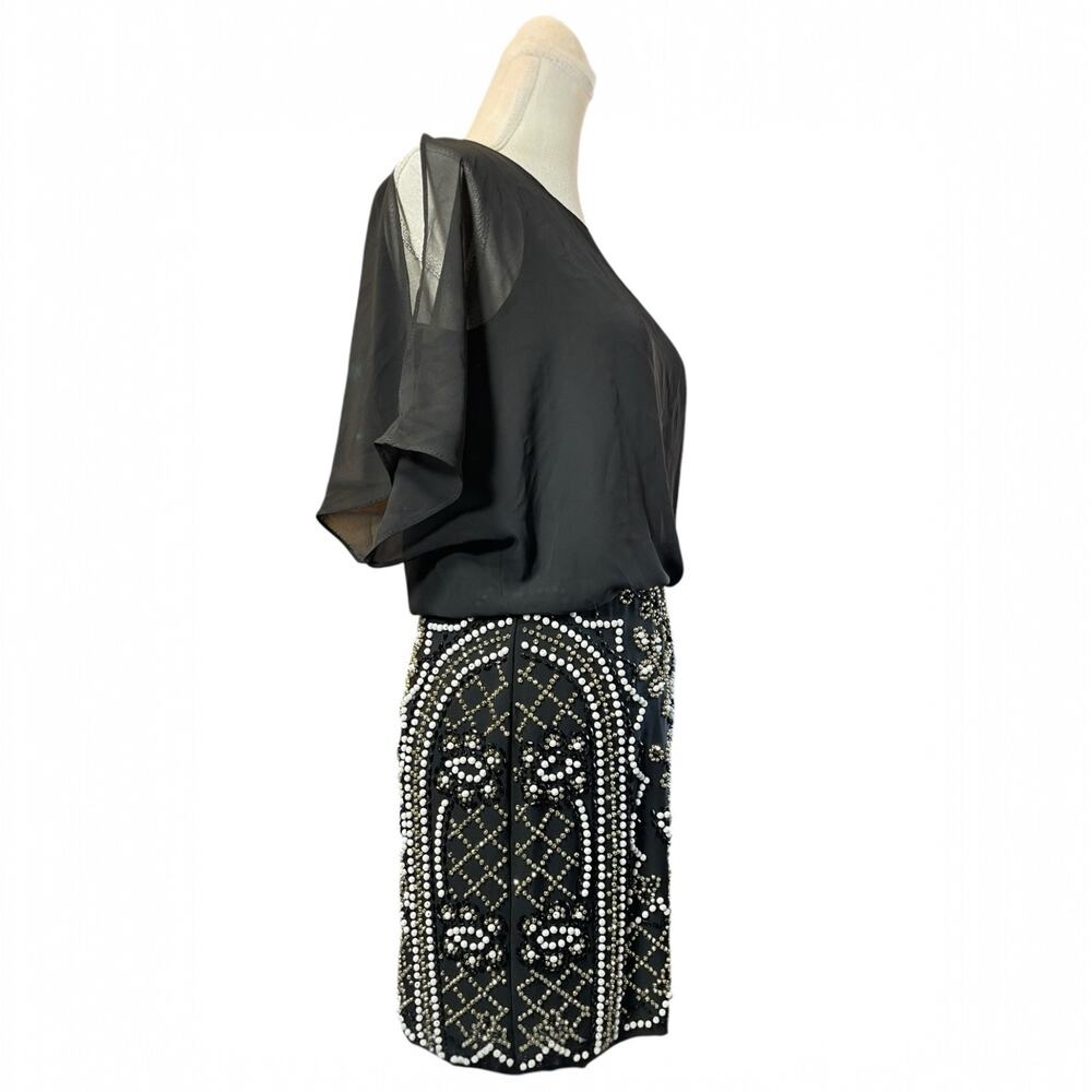 Xscape Embellished Pearl & Gold Beaded Batwing Chiffon Cocktail Dress